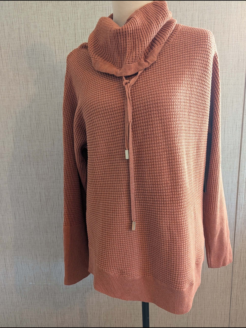 Cynthia Rowley Waffle-Knit Cowl Neck Sweater in Rust